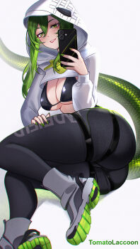 Rule 34 | 1girl, arknights, arknights: endfield, artist name, ass, black bra, black pants, bra, breasts, fluorite (arknights), green hair, green nails, green tail, grey shoes, highres, holding, holding phone, large breasts, long hair, pants, parted lips, phone, selfie, shoes, smile, snake girl, snake tail, solo, tail, tomatolaccoon, underwear, white hood, yoga pants