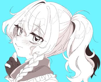 1girl alternate_hairstyle bags_under_eyes blue_background braid closed_mouth commentary_request cookie_(touhou) freckles gloves greyscale_with_colored_background high_ponytail highres kakuyo_kun kirisame_marisa long_hair looking_at_viewer looking_to_the_side mars_(cookie) partially_fingerless_gloves ponytail side_braid simple_background single_braid solo touhou upper_body