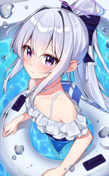 1girl absurdres blue_archive blue_halo blue_one-piece_swimsuit blush breasts cleavage collarbone commentary_request covered_navel frilled_one-piece_swimsuit frills grey_hair hair_between_eyes hair_ornament halo highres innertube long_hair looking_at_viewer medium_breasts miyako_(blue_archive) miyako_(swimsuit)_(blue_archive) official_alternate_costume official_alternate_hairstyle one-piece_swimsuit ponytail purple_eyes solo swim_ring swimsuit timtim_(tim99292) very_long_hair water wet white_hair