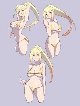 1girl absurdres adjusting_clothes adjusting_swimsuit armpits arms_behind_head arms_up bikini bikini_pull blonde_hair blue_eyes blush breasts cleavage clothes_pull commentary cropped_legs darkness_(konosuba) frown gradient_hair grey_background groin hair_ornament half-closed_eyes halterneck head_tilt highres kono_subarashii_sekai_ni_shukufuku_wo! large_breasts long_hair looking_at_viewer multicolored_hair multiple_views navel noyama_takenoko orange_hair ponytail seductive_smile smile standing sweat sweatdrop swimsuit teasing x_hair_ornament yellow_bikini