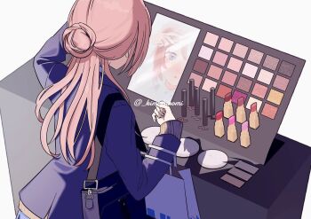 1girl applying_makeup applying_own_makeup bag black_bag blue_eyes blue_jacket brown_hair commentary_request cosmetics eyelash_curler from_behind gakuen_idolmaster hair_bun hatsuboshi_gakuen_school_uniform himesaki_rinami holding holding_bag idolmaster jacket kimishiromi lipstick_tube long_hair looking_at_mirror looking_at_self makeup makeup_palette mirror parted_lips school_bag school_uniform shoulder_bag sidelighting single_hair_bun solo table upper_body white_background