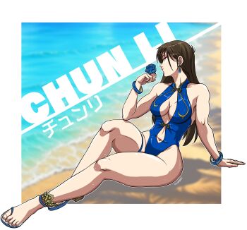 1girl absurdres alternate_costume beach blue_one-piece_swimsuit bracelet breasts brown_eyes brown_hair capcom casual_one-piece_swimsuit center_opening chun-li cleavage curvy day earrings flower highleg highleg_one-piece_swimsuit highres jewelry long_hair ocean official_alternate_costume one-piece_swimsuit outdoors relaxing sand sandals shiny_skin shukeiart sitting solo street_fighter street_fighter_6 swimsuit thong_one-piece_swimsuit water white_background wide_hips