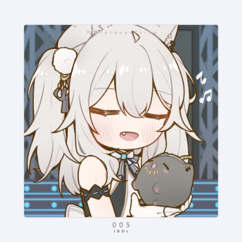 1girl ahoge animal_ear_piercing animal_ears armband artist_name back_bow black_bow black_bowtie blush border bow bowtie chibi chibi_only closed_eyes double-parted_bangs fang forever9nine gloves grey_hair hair_between_eyes hair_ornament halter_shirt halterneck highres hololive hololive_idol_uniform_(origin) idol idol_clothes large_bow lion_ears long_hair long_sidelocks messy_hair music musical_note official_alternate_costume open_mouth parted_bangs pom_pom_(clothes) pom_pom_hair_ornament shishiro_botan sidelocks singing sleeveless solo ssrb_(shishiro_botan) stage two_side_up virtual_youtuber white_bow white_gloves wrist_cuffs