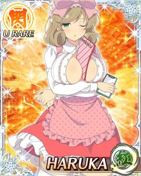 1girl ;o apron arms_under_breasts between_breasts border bow breasts brown_hair card_(medium) character_name clipboard crossed_arms curled_ends frilled_bow frills game_cg green_eyes hair_bow haruka_(senran_kagura) holding holding_clipboard holding_menu holding_pen large_breasts looking_at_viewer medium_hair menu official_art one_eye_closed pen pink_apron pink_bow red_skirt senran_kagura senran_kagura_new_wave shirt skirt solo swept_bangs thighhighs third-party_source unbuttoned unbuttoned_shirt waist_apron waitress white_shirt white_thighhighs