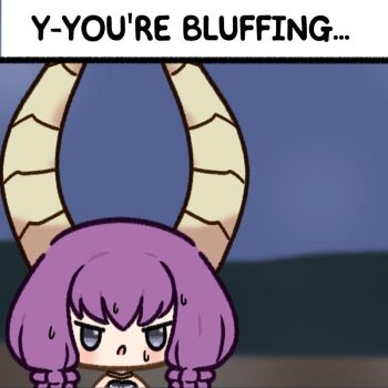 >:( 1girl aura_(sousou_no_frieren) caption chibi demon_girl demon_horns horns nervous_sweating open_mouth purple_hair skyjacc solo sousou_no_frieren sweat v-shaped_eyebrows