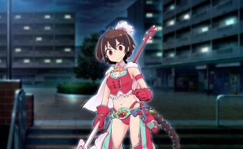 Rule 34 | 1girl, absurdly long hair, aqua belt, aqua leggings, armlet, artist request, belt, belt buckle, bikini, bow, bowtie, braid, brown eyes, brown hair, buckle, building, bush, buttons, cape, center frills, cityscape, clenched hand, closed mouth, cloud, collared shirt, cowboy shot, cropped shirt, detached leggings, double-breasted, feather hair ornament, feathers, frilled vest, frills, game cg, gloves, hair between eyes, hair ornament, highleg, highleg bikini, highres, holding, holding behind back, holding toy, holding weapon behind back, holstered, jewelry, lamppost, leggings, long hair, looking at viewer, magia record: mahou shoujo madoka magica gaiden, mahou shoujo madoka magica, mahou shoujo madoka magica magia exedra, mao himika, multicolored hair, navel, night, night sky, official art, outdoors, outline, papa (shimeguru), pink bikini, pink gloves, pink leggings, railing, red vest, shirt, single braid, sky, sleeveless, sleeveless shirt, smile, solo, stairs, star (symbol), star hair ornament, stomach, streaked hair, studded belt, swimsuit, tareme, toy, traditional bowtie, tree, two-tone leggings, vertical-striped leggings, very long hair, vest, water gun, white cape, white outline, white shirt, yellow bow, yellow bowtie