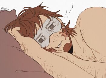 Rule 34 | 1boy, bara, character print, commentary, eye mask, golden kamuy, h4tter, hairy, hand hair, knuckle hair, male focus, mask, merchandise, nude, ogata hyakunosuke, on bed, pov across bed, scar, scar on face, short hair, simple background, sleeping, solo, sparse arm hair, sparse chest hair, symbol-only commentary, upper body, vasily (golden kamuy)