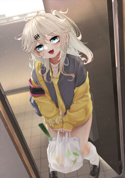 1girl :3 armband bad_id bad_pixiv_id bag black_shirt blonde_hair blue_eyes cardigan commentary_request doorway dutch_angle ear_chain ear_piercing fang gyaru highres holding holding_bag jewelry kasukabe_tsumugi linked_piercing long_hair looking_at_viewer loose_necktie magatama magatama_necklace mole mole_under_eye ne_an_ito necklace necktie off_shoulder one_side_up open_door open_mouth piercing pigeon-toed plastic_bag scrunchie shirt shoulder_bag smile solo spring_onion standing v_arms voicevox wrist_scrunchie yellow_cardigan yellow_necktie