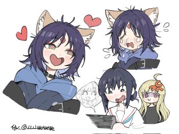 Rule 34 | 2girls, :t, anger vein, animal ear fluff, animal ears, annoyed, black choker, blonde hair, blue hoodie, brown eyes, cho kaguya-hime!, choker, crying, flying sweatdrops, forehead jewel, green eyes, hashtag-only commentary, heart, heart-shaped mouth, heart-shaped pupils, highres, hood, hood down, hoodie, japanese clothes, kaguya (cho kaguya-hime!), llllwewewe, long hair, looking at another, looking to the side, mole, mole under eye, multiple girls, multiple views, open mouth, parted bangs, pout, purple hair, runami yachiyo, sailor collar, sakayori iroha, shirt, short hair, smile, snot, spoken character, symbol-shaped pupils, tears, twitter username, upper body, white background, white shirt