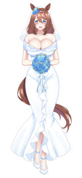 1girl absurdres amadeus_(amadeus08462844) animal_ears blue_eyes blush bouquet braid braided_bangs breasts bridal_veil bride brown_hair cleavage commentary_request double-parted_bangs dress ear_flower flower full_body hair_flower hair_ornament high_heels highres holding holding_bouquet horse_ears horse_girl horse_tail jewelry large_breasts long_dress long_hair low-tied_long_hair necklace off-shoulder_dress off_shoulder open_mouth pearl_necklace pumps see-through_clothes see-through_veil shoes simple_background smile solo super_creek_(umamusume) tail teeth umamusume upper_teeth_only veil very_long_hair wedding_dress white_background white_dress white_shoes white_streaks