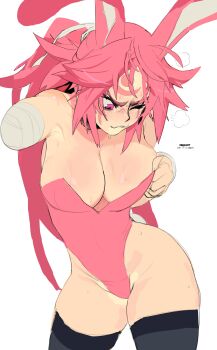 1girl absurdres adjusting_clothes alternate_costume baiken bandages biting_own_lip breasts brekkist cleavage curvy dated facial_tattoo groin guilty_gear highres large_breasts missing_limb one_eye_closed pink_eyes pink_hair playboy_bunny scar scar_across_eye scar_on_face simple_background skindentation solo standing sweat tattoo thighhighs white_background