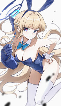 1girl absurdres animal_ear_hairband animal_ears bare_shoulders blonde_hair blue_archive blue_bow blue_bowtie blue_eyes blue_hairband blue_halo blue_leotard blue_streaks blurry blurry_foreground blush bow bowtie braid breasts chinese_commentary cleavage closed_mouth collarbone commentary covered_navel depth_of_field detached_collar expressionless fake_animal_ears fake_tail floating_hair gauntlets hairband half_up_braid halo hand_on_own_hip hand_up highleg highleg_leotard highres leaning_forward leg_up leotard long_hair looking_at_viewer medium_breasts multicolored_hair official_alternate_costume playboy_bunny rabbit_ear_hairband rabbit_ears rabbit_tail shanqianqian_317 simple_background single_gauntlet single_wrist_cuff solo strapless strapless_leotard streaked_hair swept_bangs tail thighhighs toki_(blue_archive) toki_(bunny)_(blue_archive) tsurime very_long_hair white_background white_thighhighs white_wrist_cuffs wrist_cuffs