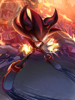 Rule 34 | 1boy, air shoes, angry, animal ears, animal nose, black fur, bracelet, epic, fire, gloves, glowing, gold bracelet, hedgehog, highres, jewelry, miitara, no mouth, red eyes, red fur, sega, shadow the hedgehog, snout, solo, sonic (series), standing, white footwear, white fur, white gloves