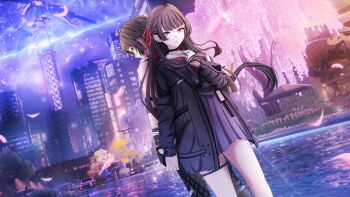 2girls absurdres asutokun_th back-to-back black_choker black_hair black_jacket black_serafuku black_shirt black_skirt chisa_(wuthering_waves) choker commentary english_commentary female_rover_(wuthering_waves) hair_ribbon hand_on_own_chest hand_up highres jacket long_hair long_sleeves multiple_girls outdoors parted_lips pink_petals red_eyes red_ribbon ribbon rover_(wuthering_waves) sailor_collar school_uniform serafuku shirt skirt thigh_strap thighs white_sailor_collar wuthering_waves yellow_eyes