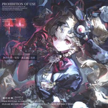 1girl black_gloves black_headdress blonde_hair bow bowtie closed_mouth cocktail_glass cup drinking_glass eyeball eyelashes gloves hair_intakes hair_ornament headdress highres holding holding_cup image_sample long_hair looking_at_viewer mihuashi_sample original pink_bow pink_bowtie red_eyes ringlets sample_watermark short_sleeves smile solo square stuffed_animal stuffed_toy upper_body watermark www_shigure