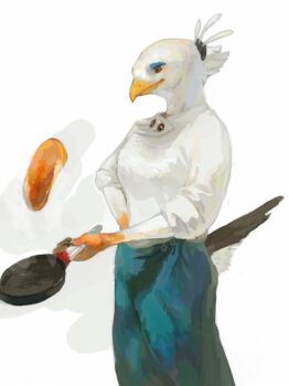 1girl bird_girl brown_eyes claws commentary_request cooking cowboy_shot feathers flipping_food food frying_pan furry furry_female hand_on_own_hip holding holding_frying_pan nagabe original pancake simple_background solo tail white_background white_feathers