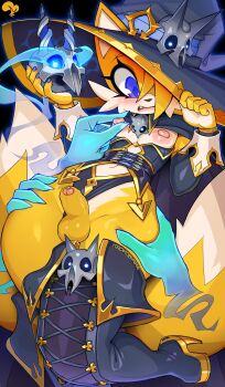 1boy 1other alternate_costume black_boots black_cape black_corset black_hat black_leotard black_sleeves blue_eyes blue_nails blue_skin blush boots cape clothing_aside clothing_cutout colored_skin commentary corset detached_sleeves disembodied_hand english_commentary foot_out_of_frame foreskin furry furry_male gold_trim grabbing_another's_thighs hair_over_one_eye hat high_heels highres holding holding_skull krokobyaka lace-up_boots large_nipples leotard leotard_aside long_eyelashes male_focus multiple_tails nail_polish navel_cutout nipple_stimulation nipple_tweak nipples open_mouth precum skull small_penis solo sonic_(series) tail tails_(sonic) teeth thigh_boots two_tails upper_teeth_only witch_hat yellow_fur