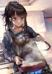 Rule 34 | 1girl, apron, black hair, blue fire, brown apron, collarbone, cooking, dumpling, fire, food, frying pan, grey sweater, highres, holding, holding frying pan, holding lid, idolmaster, idolmaster shiny colors, indoors, jiaozi, kazano hiori, kitchen, long sleeves, mole, mole under mouth, otsudou, purple eyes, solo, steam, sweater, tokyo sports