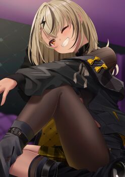 1girl absurdres black_jacket black_shirt blonde_hair breasts dark-skinned_female dark_skin earrings gyaru hair_ornament highres jacket jewelry kaminari_qpi lightning_bolt lightning_bolt_hair_ornament lightning_bolt_symbol long_hair long_sleeves looking_at_viewer off_shoulder one_eye_closed orange_eyes orange_nails shagaihi shirt single_thighhigh smile solo thighhighs virtual_youtuber vspo! x_hair_ornament