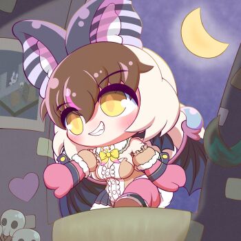 Rule 34 | 1girl, animal ears, bat ears, bat girl, bat wings, belt, brown eyes, brown hair, brown long-eared bat (kemono friends), crescent moon, daisantw, elbow gloves, extra ears, gloves, grey hair, heart, highres, kemono friends, kemono friends v project, leotard, long hair, microphone, moon, multicolored hair, night, skirt, skull, solo, streaked hair, thighhighs, virtual youtuber, wings, yellow eyes