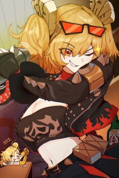 2girls :3 absurdres black_jacket black_skirt black_tube_top blonde_hair blush bottle breasts burnice_white canister cleavage closed_eyes cocktail_shaker commentary_request detached_sleeves eyewear_on_head gloves grin highres jacket large_breasts looking_at_viewer midriff motion_lines multiple_girls navel one_eye_closed open_mouth piper_wheel red-tinted_eyewear red_eyes red_nails short_twintails skirt smile sparkle spiked_belt spiked_jacket strapless sunglasses tinted_eyewear tube_top twintails upper_body white_sleeves yama_kabosu yellow_gloves zenless_zone_zero