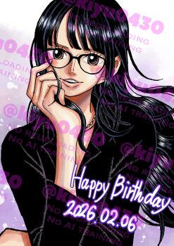 Rule 34 | 1girl, black hair, black shirt, blunt bangs, brown eyes, commentary, dated, eyelashes, glasses, happy birthday, head rest, highres, kiyu (zuyu), long hair, looking at viewer, nico robin, one piece, open mouth, pink lips, shirt, smile, twitter username
