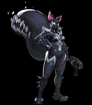 1girl animal_ears arm_spikes bodysuit full_body highres large_tail marvel marvel_rivals mask official_alternate_costume official_art slingshot_(weapon) solo spiked_legwear squirrel_ears squirrel_girl squirrel_girl_(marvel) squirrel_girl_(symbiote_squirrel)_(marvel) squirrel_tail standing symbiote tail tippy-toe