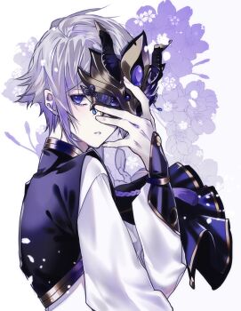 1boy blue_eyes commentary_request fate/grand_order fate_(series) fingerless_gloves flower gloves hair_between_eyes highres holding holding_mask horned_mask kaa long_sleeves male_focus mask unworn_mask open_mouth prince_of_lan_ling_(fate) silver_hair solo