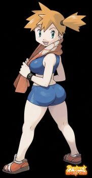 1girl :d ass asymmetrical_hair bikini blue_bikini blue_bra blue_shorts blue_sports_bra bra breasts from_behind green_eyes highres huge_ass huge_breasts kneepits large_breasts looking_at_viewer looking_back misty_(pokemon) nintendo open_mouth orange_hair pokemon pokemon_firered_and_leafgreen pokemon_red/green/blue/yellow ponytail portrait projectwetroid sandals shoes short_hair shorts side_ponytail smile sneakers solo sports_bikini sports_bra sportswear standing swimsuit tank_top tankini thighs third-party_edit towel towel_around_neck underwear wristband