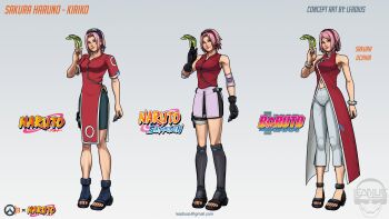 1girl absurdres boots boruto:_naruto_next_generations breasts cosplay elbow_sleeve facial_mark flak_jacket forehead_mark forehead_protector gloves haruno_sakura haruno_sakura_(cosplay) highres jacket kiriko_(overwatch) konohagakure_symbol kunai looking_at_viewer naruto_(classic) naruto_(series) naruto_shippuuden ninja open-toe_boots overwatch pink_hair short_hair solo theleadius weapon