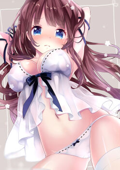 Rule 34 | 1girl, babydoll, blue eyes, blush, breasts, brown hair, camisole, cleavage, female focus, long hair, mintsu (ichi--kun), navel, original, panties, ribbon-trimmed panties, ribbon-trimmed underwear, ribbon trim, solo, underwear