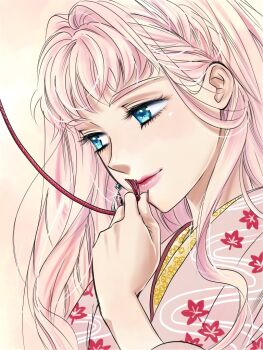 1girl birthday blonde_hair blue_eyes blunt_bangs closed_mouth commentary earrings eyelashes floral_print floral_print_kimono glint hair_behind_ear holding holding_string japanese_clothes jewelry kimono lips long_hair macross macross_frontier pink_hair pink_kimono pink_lips print_kimono sheryl_nome single_earring smile solo string t_chitamaya thick_eyebrows upper_body wavy_hair