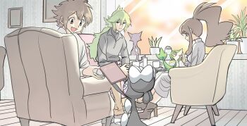 1girl 2boys :d armchair asamaru1225 brown_eyes brown_hair chair closed_mouth cup gen_5_pokemon gothorita green_hair grey_shirt high_ponytail hilbert_(pokemon) hilda_(pokemon) holding indoors long_hair multiple_boys n_(pokemon) nintendo open_mouth pants pokemon pokemon_bw ponytail purrloin shirt short_hair sidelocks sitting smile snivy table tongue