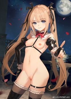 1girl balcony bare_shoulders black_gloves black_ribbon black_thighhighs blonde_hair blue_eyes blush boots bow bowtie breasts brown_thighhighs chest_harness cleft_of_venus closed_mouth contrapposto cowboy_shot dead_or_alive dead_or_alive_xtreme detached_collar detached_sleeves falling_petals fingerless_gloves frilled_sleeves frilled_thighhighs frills fubuki_(fakemonkey0224) full_moon gloves groin hair_between_eyes hair_ribbon hand_on_own_hip harness highres index_finger_raised juliet_sleeves long_hair long_sleeves looking_at_viewer marie_rose moon navel night night_sky nipples nude nude_filter o-ring o-ring_thigh_strap o-ring_top outdoors parted_lips petals pointing pointing_at_viewer puffy_sleeves pussy red_bow red_bowtie ribbon rose_petals sidelocks sky small_breasts smile solo standing star_(sky) starry_sky stomach thigh_strap thighhighs third-party_edit twintails uncensored very_long_hair water