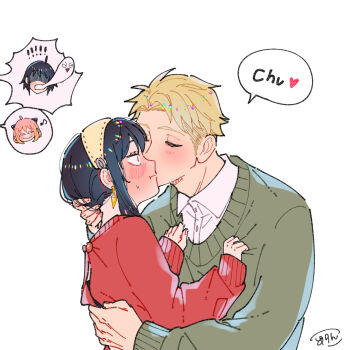 Rule 34 | !, 2boys, 2girls, :t, anya's heh face (meme), anya (spy x family), awarinko, backless outfit, black hair, blonde hair, chibi, chibi inset, closed eyes, closed mouth, collared shirt, couple, dress shirt, eighth note, faceless, faceless male, facing another, fake horns, giving up the ghost, green sweater, hairband, hand on another's back, hand on another's neck, hands on another's chest, hands up, hetero, highres, horns, husband and wife, kiss, kissing cheek, long sleeves, looking at another, meme, multiple boys, multiple girls, musical note, pink hair, puffy long sleeves, puffy sleeves, red sweater, romaji text, shaded face, shirt, short hair, sidelocks, signature, simple background, sleeves past wrists, smug, speech bubble, spoken character, spy x family, sweater, twilight (spy x family), upper body, white background, white shirt, yor briar, yuri briar