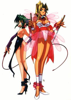 1990s_(style) 2girls angry ankle_cuffs ass back-to-back bdsm blonde_hair blue_eyes blush bow breasts bridal_gauntlets cleavage cosplay costume_switch dagger dominatrix earrings ellis_(battle_arena_toshinden)_(cosplay) ellis_(toushinden) ellis_(toushinden)_(cosplay) fingernails frown green_eyes green_hair hand_on_own_hip high_heels hip_focus holding holding_dagger holding_knife holding_weapon jewelry knife kotobuki_tsukasa large_breasts leotard lipstick long_fingernails long_hair looking_back makeup multiple_girls nail_(hardware) nail_polish official_art panties pelvic_curtain pink_bow ponytail purple_panties retro_artstyle ribbon role_reversal shoes short_hair skirt sofia sofia_(cosplay) sofia_(toushinden) sofia_(toushinden)_(cosplay) sword tamsoft toushinden underwear weapon whip white_background white_leotard wings