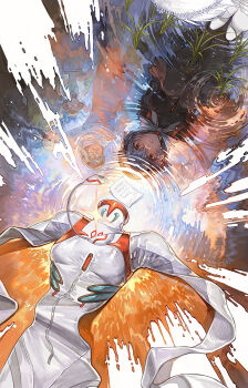 1girl absurdres ambiguous_orange_liquid ayanami_rei black_bodysuit blue_hair bodysuit breasts commentary dual_persona evangelion:_3.0+1.0_thrice_upon_a_time grass hat highres huli_xiaobai implied_death interface_headset_(evangelion) liquid looking_at_reflection mecha_pilot_suit multicolored_bodysuit neon_genesis_evangelion orange_bodysuit people plugsuit_(evangelion) rebuild_of_evangelion red_eyes reflection reflective_liquid rice_(plant) science_fiction short_hair solo_focus spoilers squatting straw_hat two-tone_bodysuit unworn_bodysuit unworn_headwear white_bodysuit