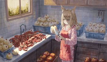 1girl absurdres animal_ears apple apple_slice apron arknights arknights:_endfield blonde_hair blush closed_mouth commentary_request food fox_ears fox_girl fox_tail fruit highres holding holding_food holding_fruit holding_knife indoors karome_631 kitchen_knife knife long_hair pajamas polka_dot polka_dot_pajamas red_apron rossi_(arknights) solo tail yellow_eyes