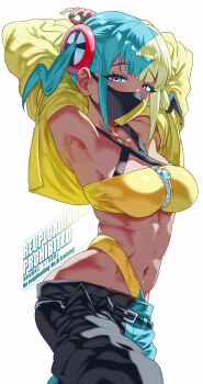 1girl bare_shoulders blonde_hair blue_eyes blue_hair breasts canari_(pokemon) cleavage highres jacket large_breasts long_sleeves looking_at_viewer mask mouth_mask multicolored_hair navel nintendo pokemon pokemon_legends:_z-a solo split-color_hair twintails two-tone_mask uenoryoma yellow_jacket