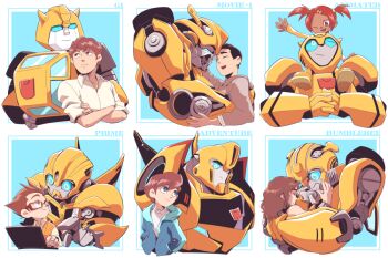 2girls 4boys autobot bad_id bad_pixiv_id blue_eyes brown_eyes brown_hair bumblebee bumblebee_(movie) bumblebee_(transformers) character_request charlie_watson computer crossed_arms hood hoodie hug insignia laptop looking_at_another looking_down looking_up mecha mijinkotail029 multiple_boys multiple_girls multiple_persona one_eye_closed pointing red_eyes red_hair robot sam_witwicky sari_sumdac sitting_on_shoulder spike_witwicky transformers transformers:_generation_1 transformers:_robots_in_disguise_(2015) transformers_(2007_movie) transformers_(live_action) transformers_animated transformers_prime twintails