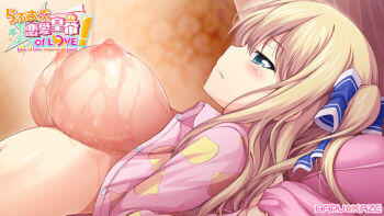 1girl blonde_hair blue_eyes blue_ribbon blush breasts closed_mouth copyright_name from_side hair_ribbon head_on_pillow huge_breasts indoors liquid long_hair love_of_ren'ai_koutei_of_love! lying nipples official_art on_back on_bed ootori_erika oozora_itsuki open_pajamas pajamas pillow pink_pajamas pink_pillow ribbon solo variant_set
