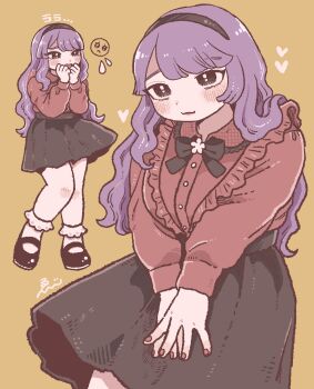 Rule 34 | 1girl, bare legs, black bow, black eyes, black hairband, black shoes, black skirt, blush, borrowed character, bow, breasts, clenched hands, commission, ebiebi, emoji, frilled shirt, frilled socks, frills, furrowed brow, hairband, hands up, heart, highres, jirai kei, large breasts, long hair, long sleeves, looking ahead, medium skirt, multiple views, open mouth, original, pleading face emoji, purple hair, raised eyebrows, red nails, red shirt, shirt, shoes, signature, simple background, skeb commission, skirt, socks, solo, standing, v arms, wavy hair, white socks, yellow background