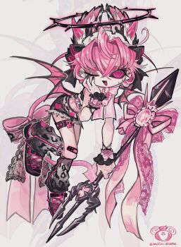 Rule 34 | 1other, amatou akuma, androgynous, animal ears, animal print, black leg warmers, black sclera, black shoes, black skirt, colored sclera, cute weapon, demon tail, fashion, gem, halo, hand on own face, highres, holding, holding polearm, holding weapon, leg warmers, leopard print, looking at viewer, maid headdress, mcbling, midriff peek, original, other focus, pink eyes, pink hair, pink ribbon, polearm, ribbon, ringed eyes, shoes, short hair, skirt, solo, tail, trident, weapon, white background, y2k fashion, zoom layer
