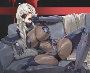 1girl black_bodysuit bodysuit braid breasts couch covered_navel eyepatch hashtag-only_commentary highres impossible_bodysuit impossible_clothes indie_virtual_youtuber large_breasts long_hair on_couch open_mouth saruei_(vtuber) scar scar_across_eye scar_on_face single_braid sitting skin_tight solo spread_legs taiyang_yu teeth virtual_youtuber yawning