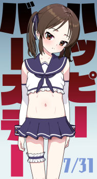 1girl bikini bikini_skirt blue_neckerchief blue_sailor_collar blush brown_hair commentary_request cowboy_shot dated detached_sleeves frilled_thigh_strap head_tilt highres idolmaster idolmaster_cinderella_girls looking_at_viewer navel neckerchief pettan_p pleated_skirt sailor_bikini sailor_collar skirt stomach swimsuit tachibana_arisu text_background thigh_strap twintails