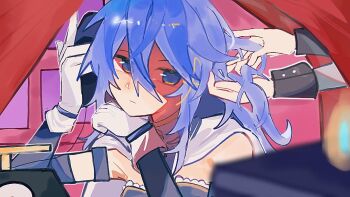 Rule 34 | 1girl, alternate hairstyle, arm strap, blue eyes, blue gloves, blue hair, cape, closed mouth, commentary, elbow gloves, fortissimo, gloves, hair ornament, hand in another's hair, holding, holding phone, long hair, looking at viewer, looking to the side, mahou shoujo madoka magica, miki sayaka, musical note, musical note hair ornament, out of frame, phone, portrait, solo, untranslatable commentary, white cape, white gloves