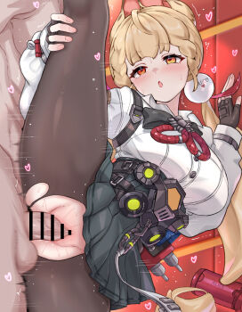 1boy 1girl :o absurdres alice_thymefield animal_ears bar_censor black_skirt blonde_hair blush breasts censored daram_(shappydude) fingerless_gloves gloves hair_ornament hand_on_own_leg heart hetero heterochromia highres indoors large_breasts large_variant_set long_hair orange_eyes pantyhose penis pleated_skirt red_eyes sex shirt skirt sphere_hair_ornament split standing standing_on_one_leg standing_sex standing_split sweat torn_clothes torn_pantyhose vaginal variant_set white_shirt zenless_zone_zero