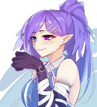 1girl asymmetrical_arms bandaged_arm bandages bare_shoulders blue_eyes breasts buttons commentary english_commentary fang fang_out hair_ornament hairclip head_wings heterochromia highres large_breasts long_hair nijisanji nijisanji_en official_alternate_costume parallel_hairclips parted_lips pointy_ears ponytail purple_eyes purple_hair ricegnat selen_tatsuki selen_tatsuki_(military) shirt simple_background skin_fang sleeveless sleeveless_shirt slit_pupils smile solo upper_body virtual_youtuber wings