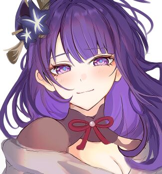 1girl blue_pupils blunt_bangs blush breasts bridal_gauntlets cleavage close-up closed_mouth clothing_cutout fan_hair_ornament flower_ornament genshin_impact hair_ornament happy head_tilt highres hisui_(xztw) japanese_clothes kimono large_breasts light_smile long_hair looking_at_viewer mole mole_under_eye multicolored_eyes neck_ribbon off_shoulder purple_eyes purple_hair purple_kimono raiden_shogun red_ribbon ribbon shoulder_cutout simple_background smug solo upper_body white_background