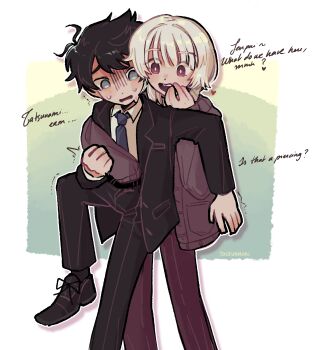 2boys absurdres akinashi_haru belt black_hair black_jacket black_pants black_shoes black_socks blonde_hair blue_eyes blue_necktie border bright_pupils brown_cardigan cardigan character_name collared_shirt commentary dress_pants english_commentary english_text gloom_(expression) green_background groping hand_in_another's_pants highres jacket leg_up long_sleeves looking_at_another looking_down male_focus medium_hair motion_lines multiple_boys necktie open_clothes open_jacket open_mouth outline outside_border pants peanut_mouth red_eyes red_pants saihate_eki shadow shirt shoes short_hair signature simple_background socks suit_jacket sweat tatsunami_shion teeth tosteurmori upper_teeth_only white_border white_outline white_pupils white_shirt yaoi yellow_background